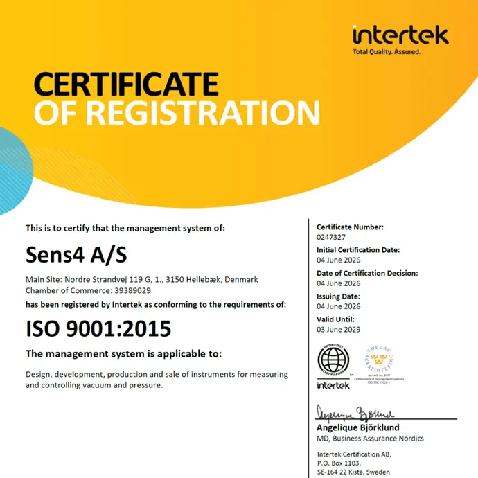 ISO9001:2015 certification of Sens4 Download Sens4 ISO9001:2015 Certification
